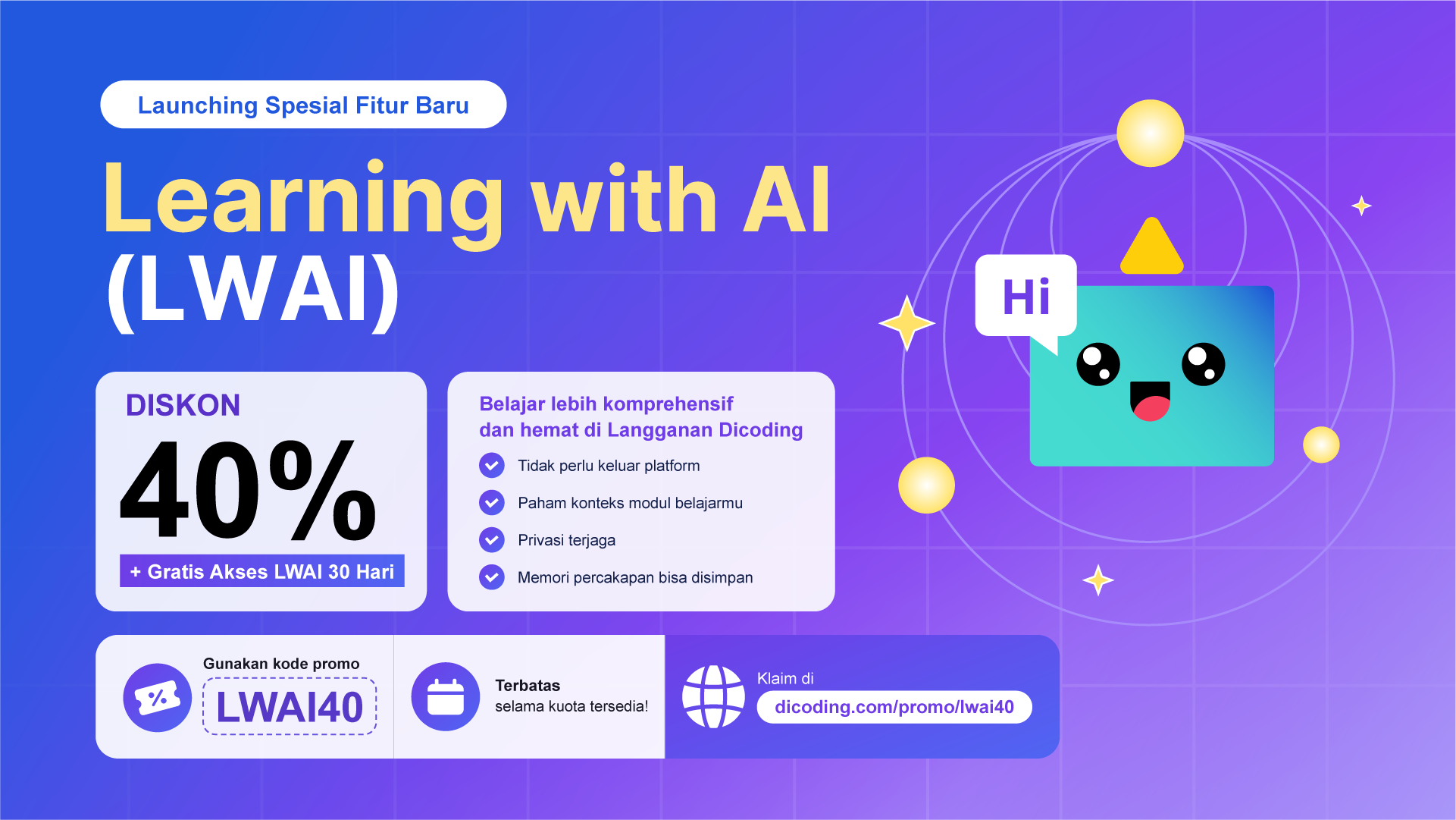 Launching fitur baru Learning with AI! Diskon 40% + Kredit Premium LWAI 30 hari (Gratis)